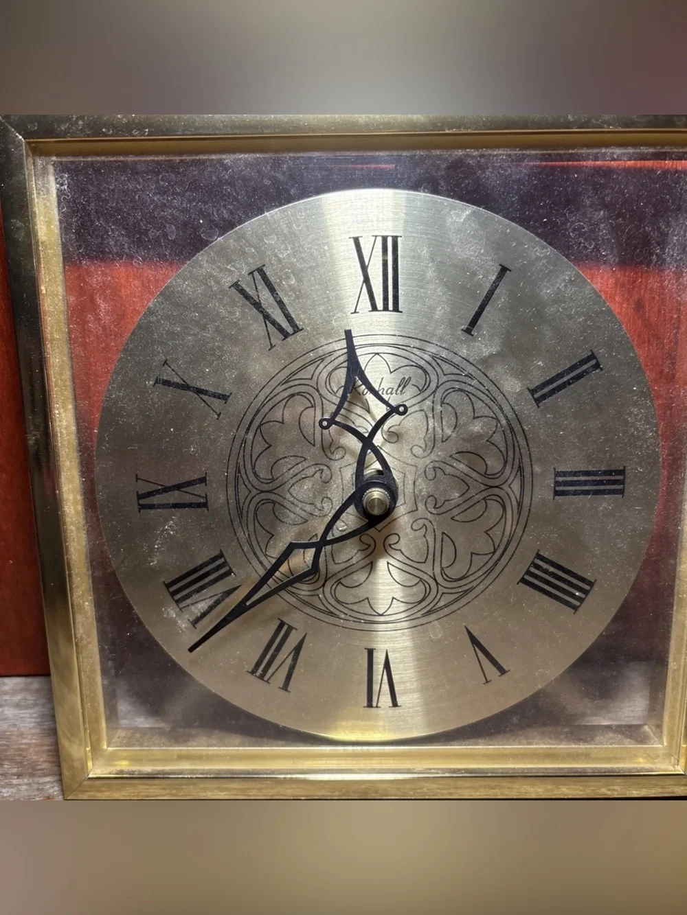Vintage Brass Wall Clock Roman Numerals | Mid Century Square Frame